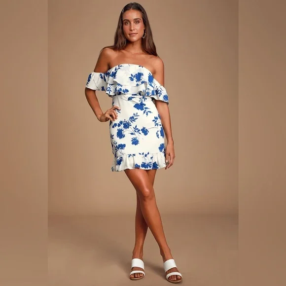 Lulus TALIA Blue & White Floral Off Shoulder Mini Dress - Large - Picture 2 of 12